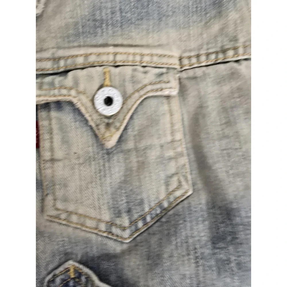 Levis Jeans Jacket Mens XL Blue Distressed Trucker Western Button Up Bleach Wash